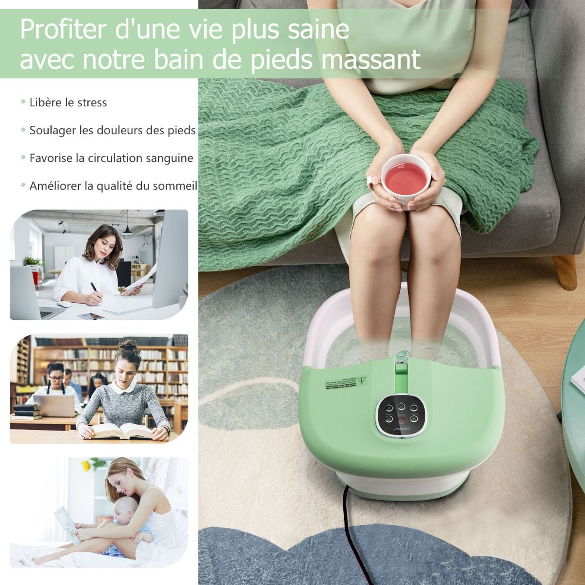 Bain de Pieds Massant Pliable avec Télécommande - Soulagement Instantané et Température Réglable en Vert/Bleu/Vert Foncé