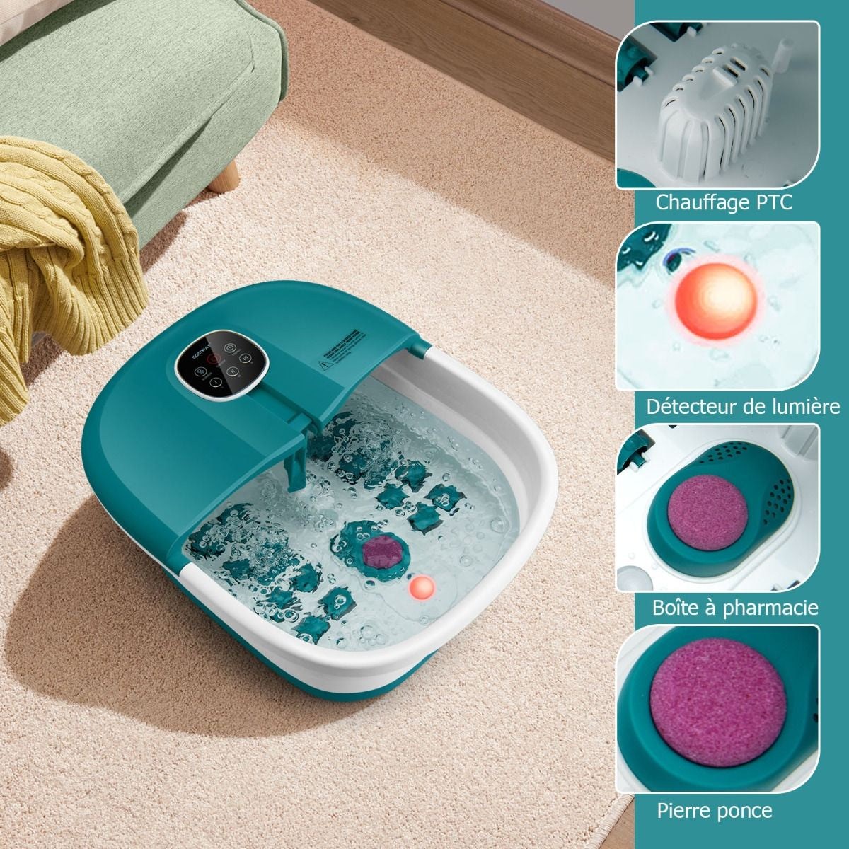 Bain de Pieds Massant Pliable avec Télécommande - Soulagement Instantané et Température Réglable en Vert/Bleu/Vert Foncé