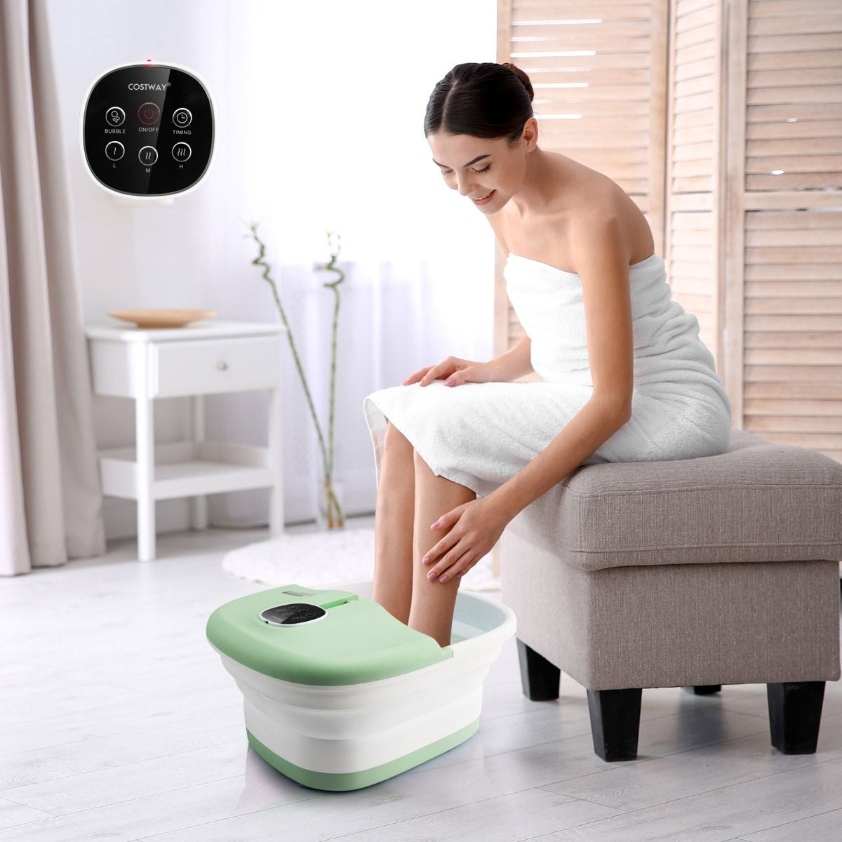 Bain de Pieds Massant Pliable avec Télécommande - Soulagement Instantané et Température Réglable en Vert/Bleu/Vert Foncé