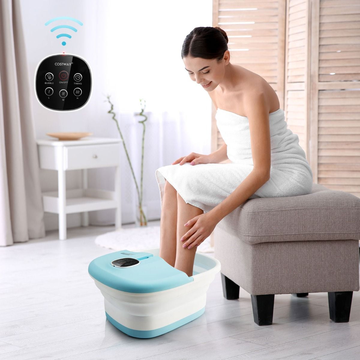 Bain de Pieds Massant Pliable avec Télécommande - Soulagement Instantané et Température Réglable en Vert/Bleu/Vert Foncé