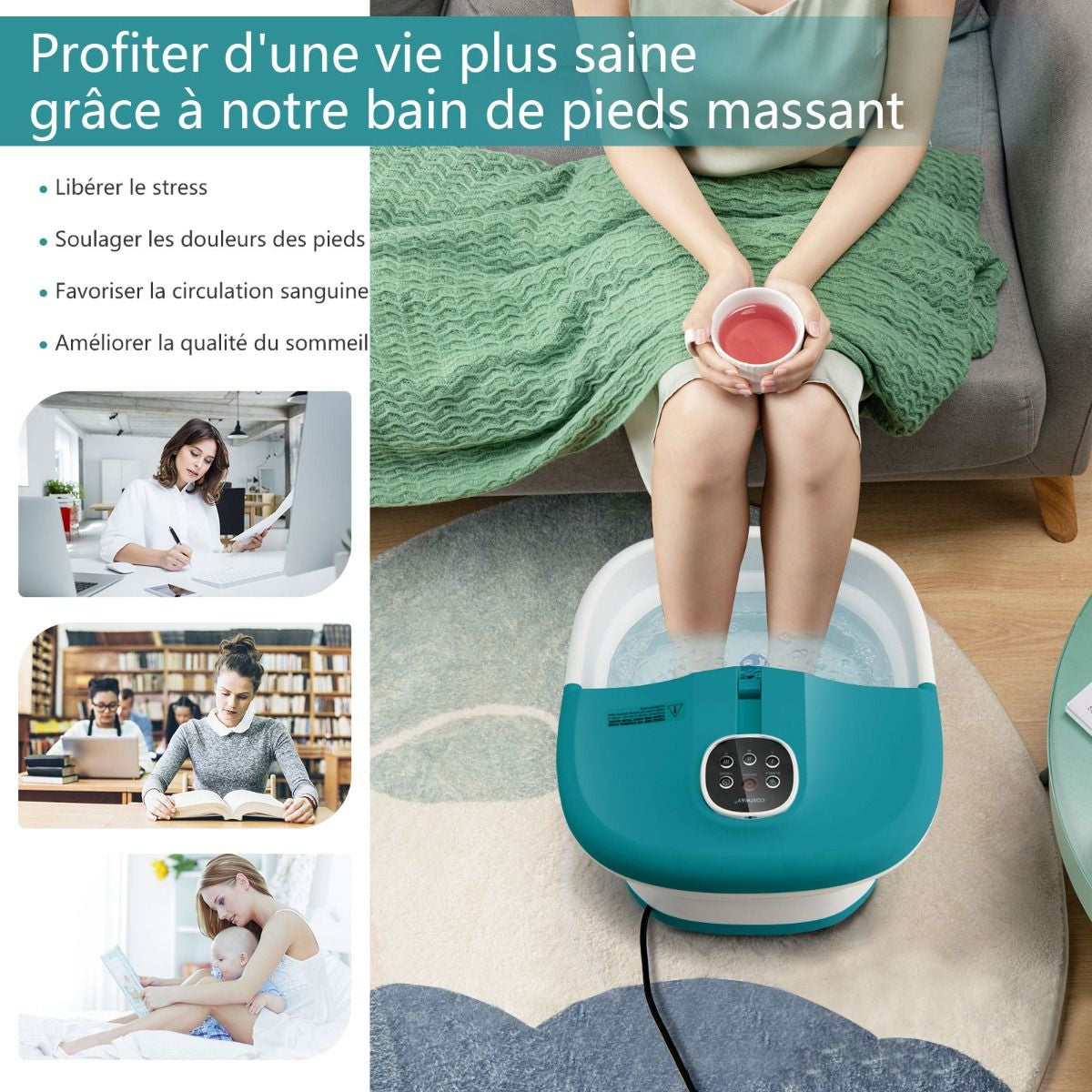 Bain de Pieds Massant Pliable avec Télécommande - Soulagement Instantané et Température Réglable en Vert/Bleu/Vert Foncé