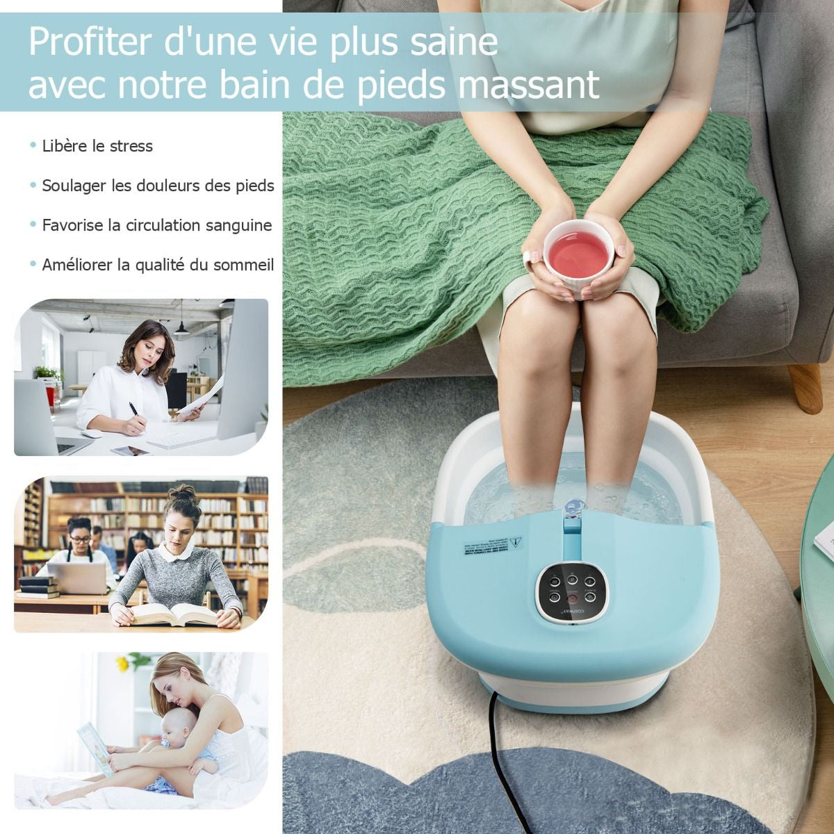 Bain de Pieds Massant Pliable avec Télécommande - Soulagement Instantané et Température Réglable en Vert/Bleu/Vert Foncé