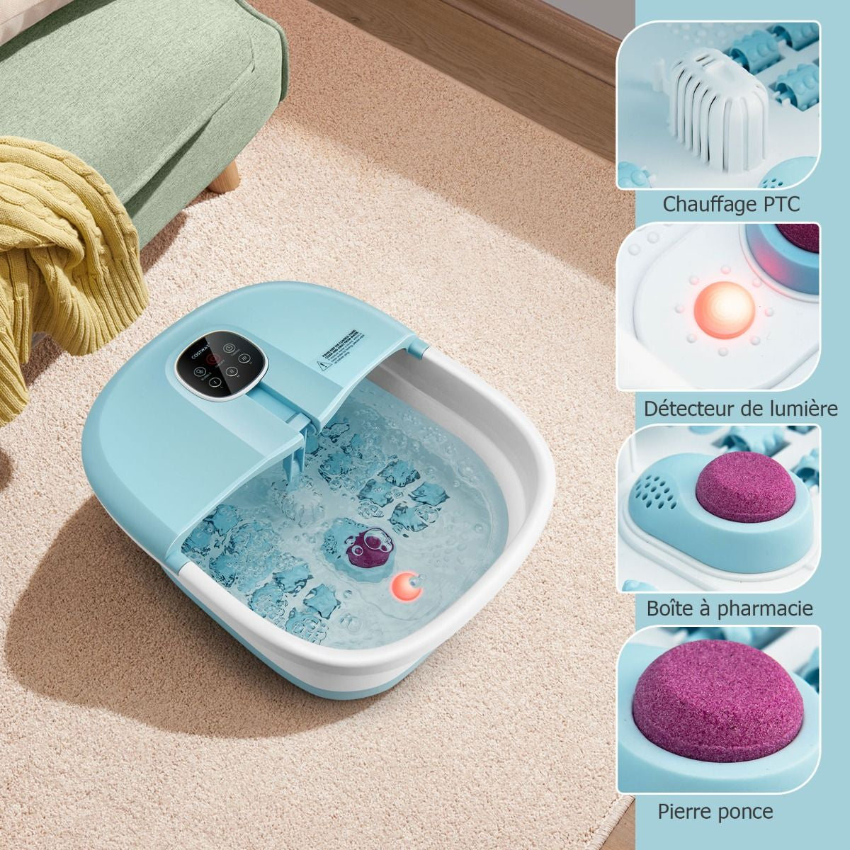 Bain de Pieds Massant Pliable avec Télécommande - Soulagement Instantané et Température Réglable en Vert/Bleu/Vert Foncé