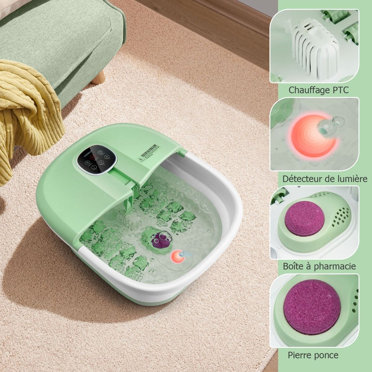 Bain de Pieds Massant Pliable avec Télécommande - Soulagement Instantané et Température Réglable en Vert/Bleu/Vert Foncé