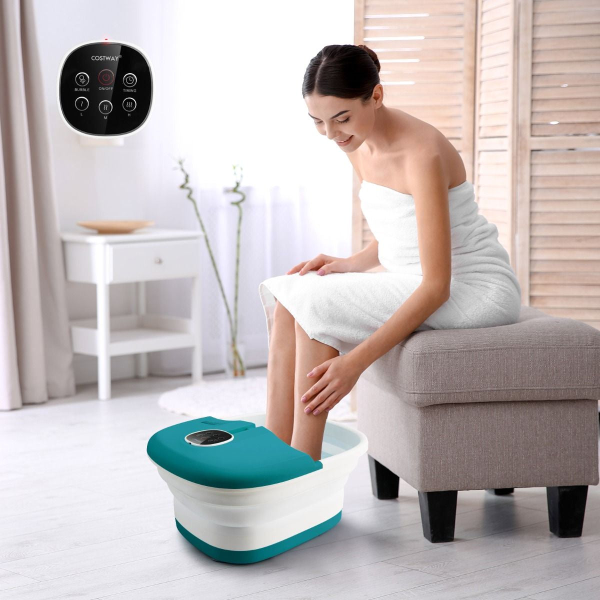 Bain de Pieds Massant Pliable avec Télécommande - Soulagement Instantané et Température Réglable en Vert/Bleu/Vert Foncé